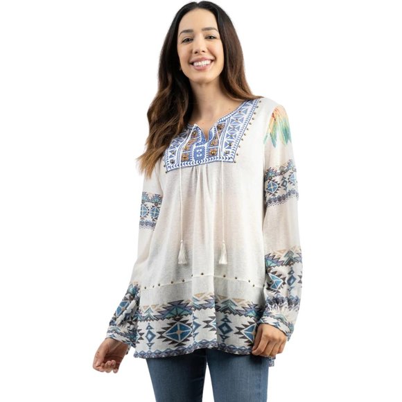 MONTANA WEST Delila Boho Embroidered Aztec Graphic Long Sleeve Blouse Small NWT - Picture 2 of 12
